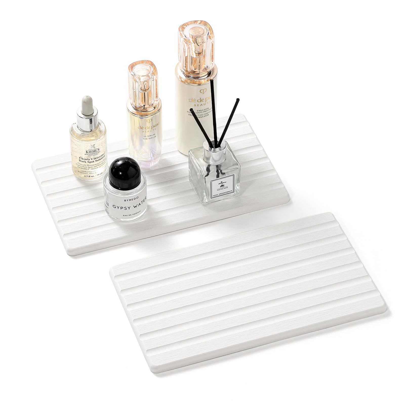 2 Pack Greige Bathroom Sink Vanity Trays, Diatomite Stone Kitchen Counter Caddy Dish Soap Dispenser Sponge Holder, Water Absorbing Mat Organizer for Plant,Cosmetic Bottle, Beige, 8"x3.8"