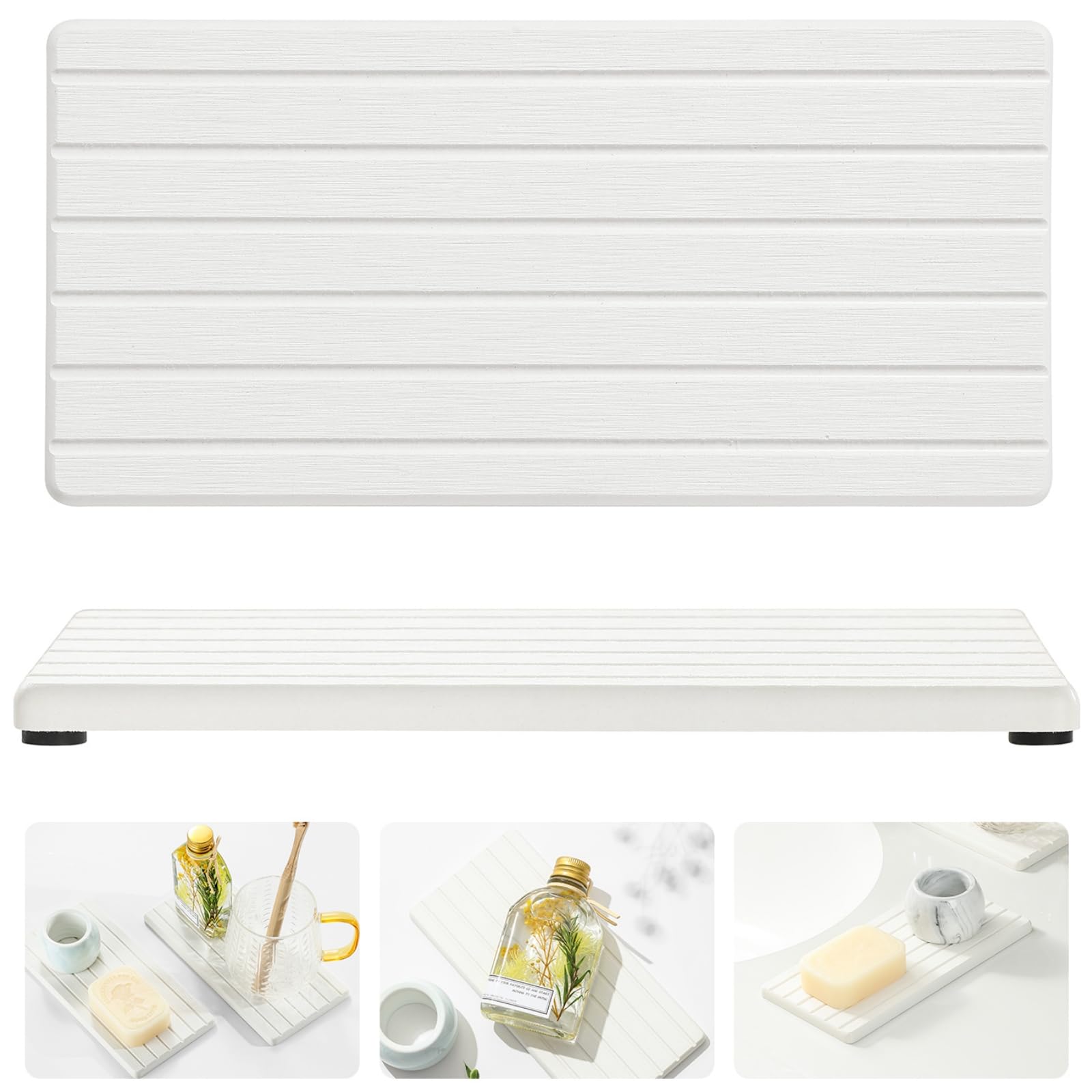 2 Pack Greige Bathroom Sink Vanity Trays, Diatomite Stone Kitchen Counter Caddy Dish Soap Dispenser Sponge Holder, Water Absorbing Mat Organizer for Plant,Cosmetic Bottle, Beige, 8"x3.8"