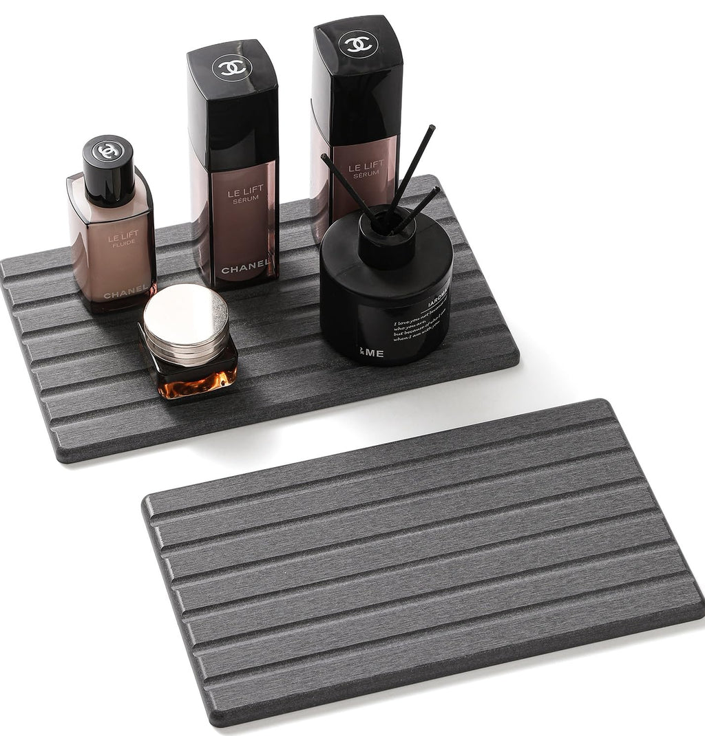 2 Pack Greige Bathroom Sink Vanity Trays, Diatomite Stone Kitchen Counter Caddy Dish Soap Dispenser Sponge Holder, Water Absorbing Mat Organizer for Plant,Cosmetic Bottle, Beige, 8"x3.8"