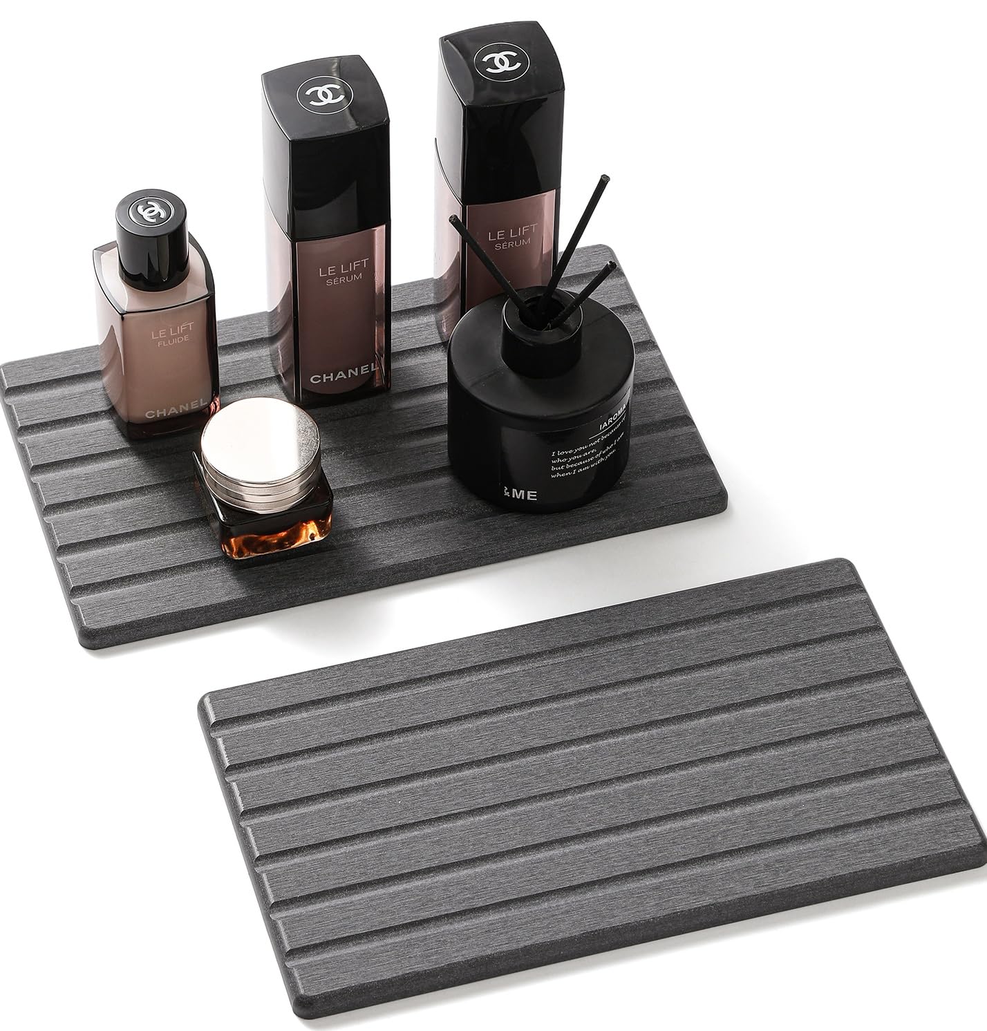 2 Pack Greige Bathroom Sink Vanity Trays, Diatomite Stone Kitchen Counter Caddy Dish Soap Dispenser Sponge Holder, Water Absorbing Mat Organizer for Plant,Cosmetic Bottle, Beige, 8"x3.8"