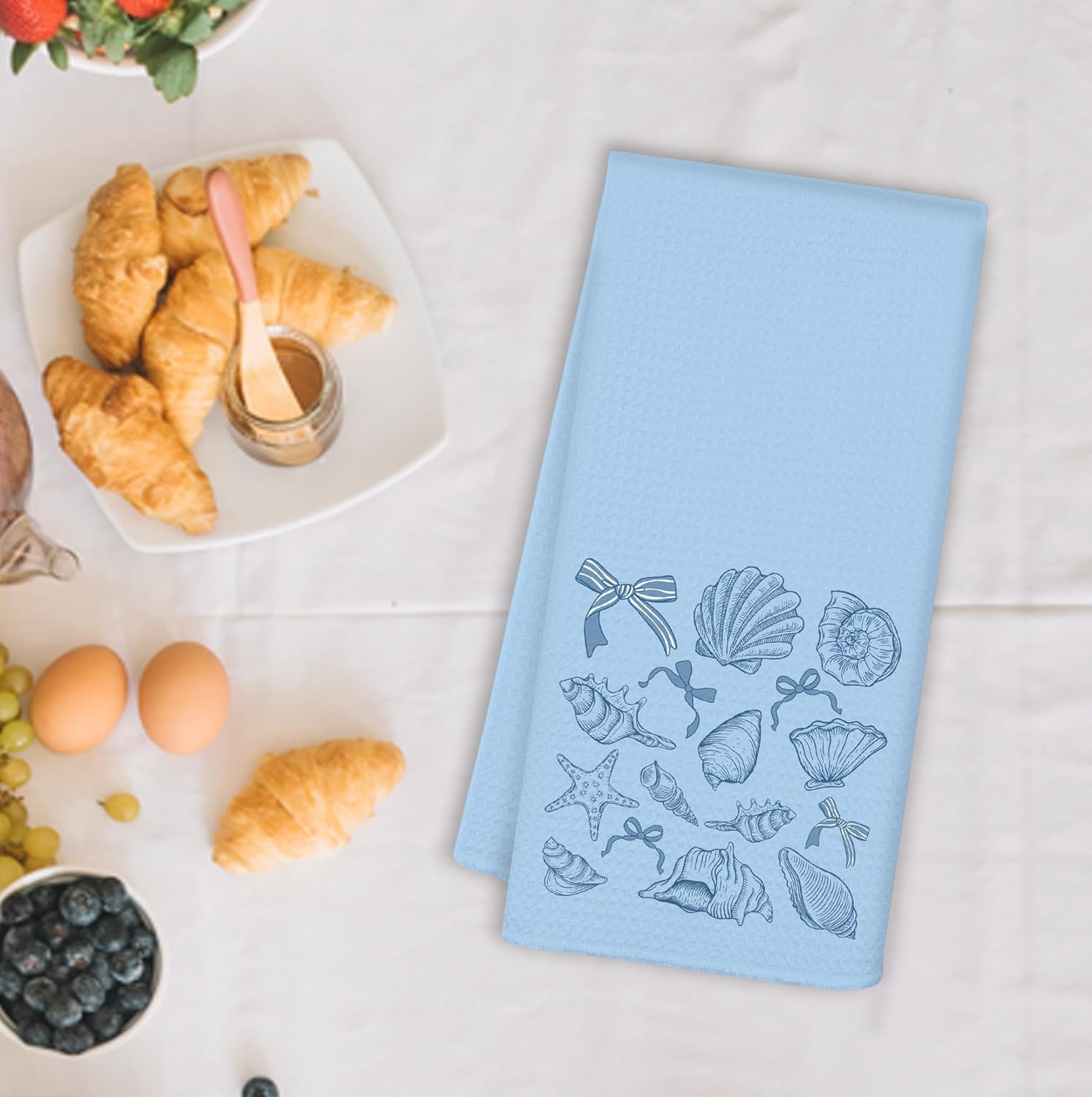 Coquette Blue Bow Beach Kitchen Towels, Coastal Nautical Dish Tea Towels for Kitchen Decor, Blue Preppy Seashell Starfish Beach Decorative Hand Towels for Bathroom, 16x24 Inch