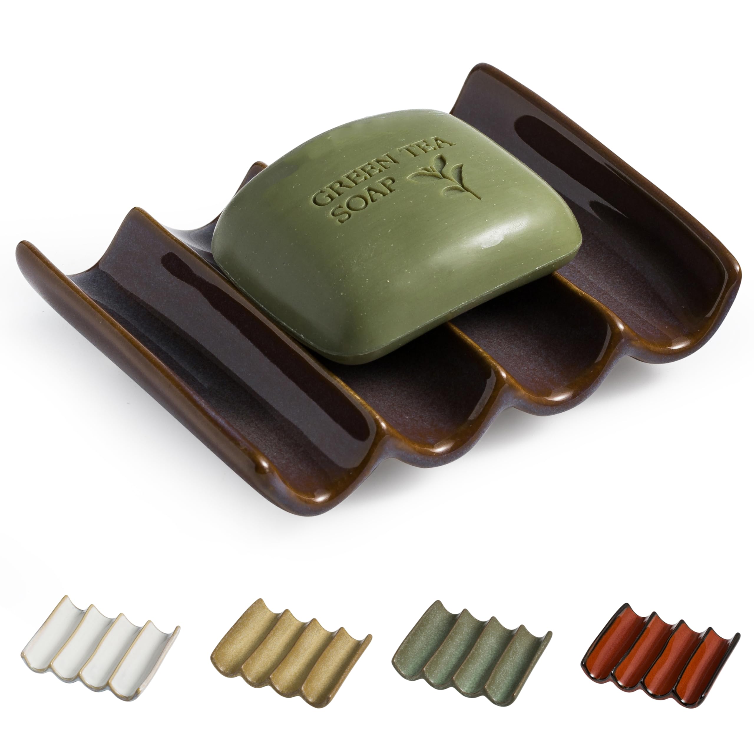Draining Ceramic Soap Dish - Fluted Design, Bar Soap Holder for Shower & Bathroom, Soap Saver Sponge Lift, Green