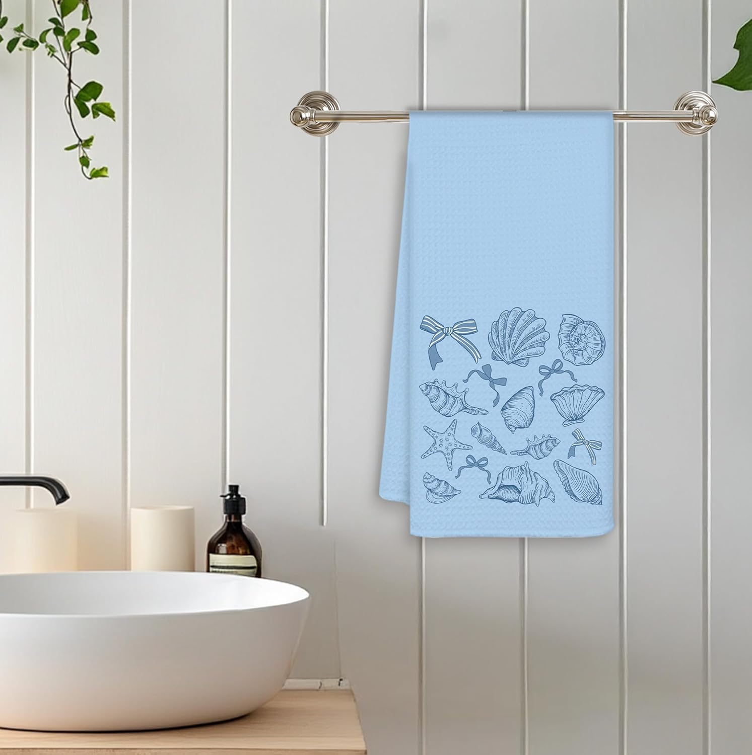 Coquette Blue Bow Beach Kitchen Towels, Coastal Nautical Dish Tea Towels for Kitchen Decor, Blue Preppy Seashell Starfish Beach Decorative Hand Towels for Bathroom, 16x24 Inch