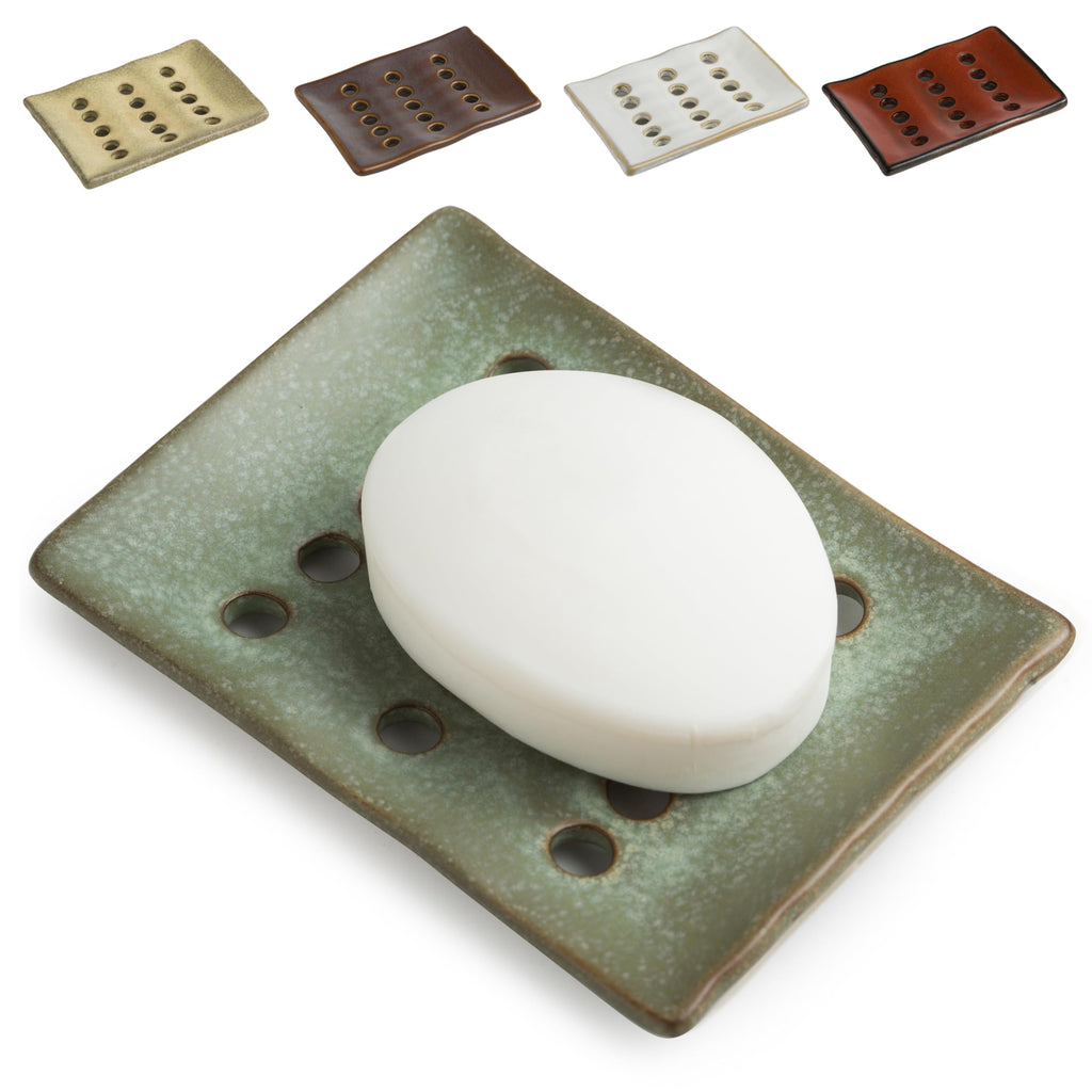Draining Ceramic Soap Dish - Fluted Design, Bar Soap Holder for Shower & Bathroom, Soap Saver Sponge Lift, Green