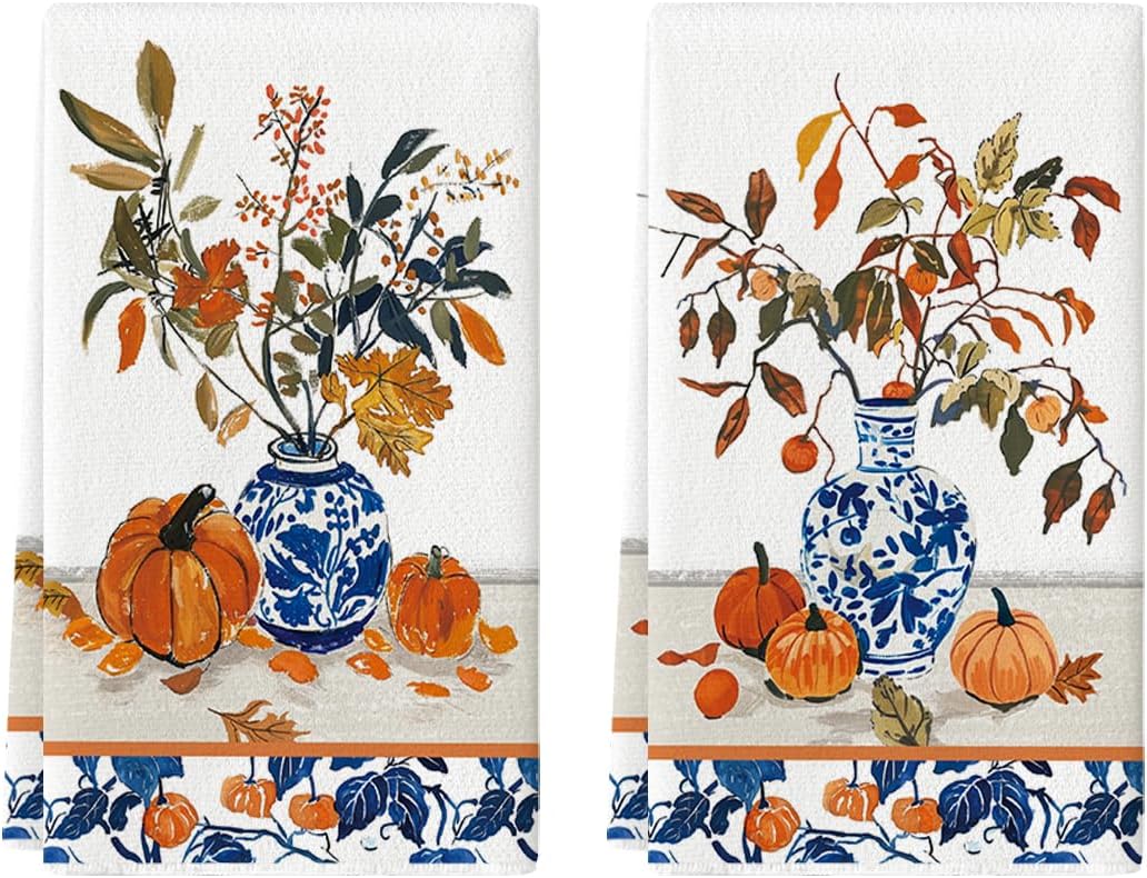 Artoid Mode Blue Vase Pumpkin Fall Kitchen Towels Dish Towels, 18x26 Inch Farmhouse Leaves Autumn Decoration Hand Towels Set of 2