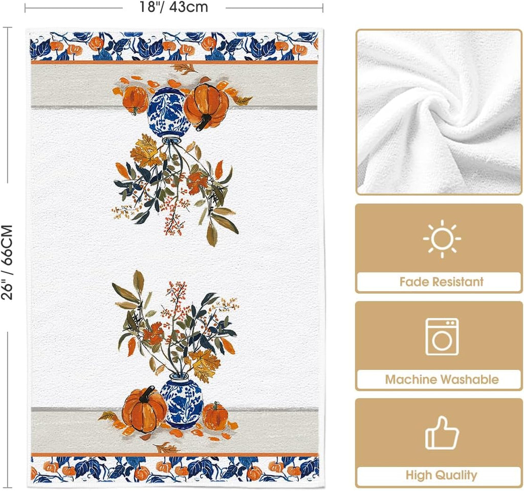 Artoid Mode Blue Vase Pumpkin Fall Kitchen Towels Dish Towels, 18x26 Inch Farmhouse Leaves Autumn Decoration Hand Towels Set of 2