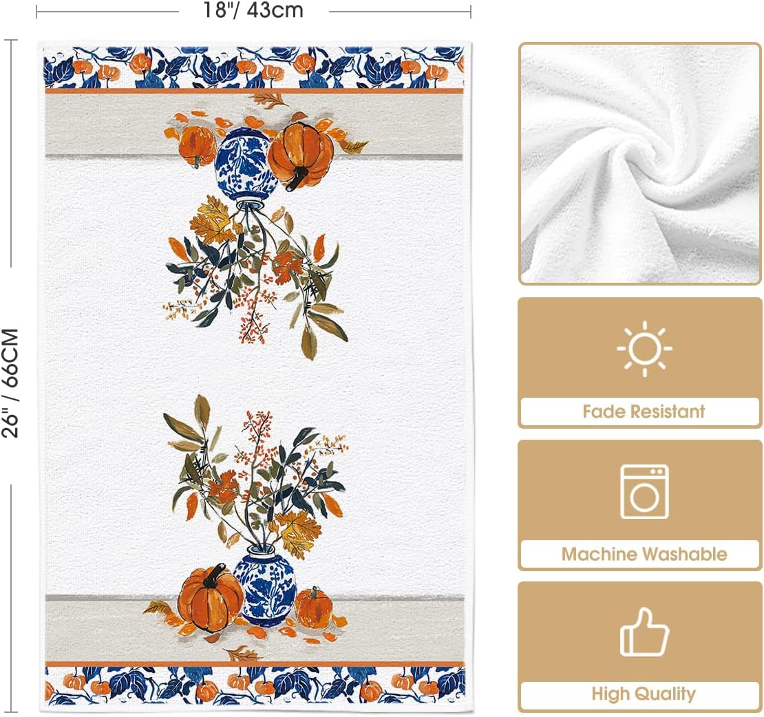 Artoid Mode Blue Vase Pumpkin Fall Kitchen Towels Dish Towels, 18x26 Inch Farmhouse Leaves Autumn Decoration Hand Towels Set of 2