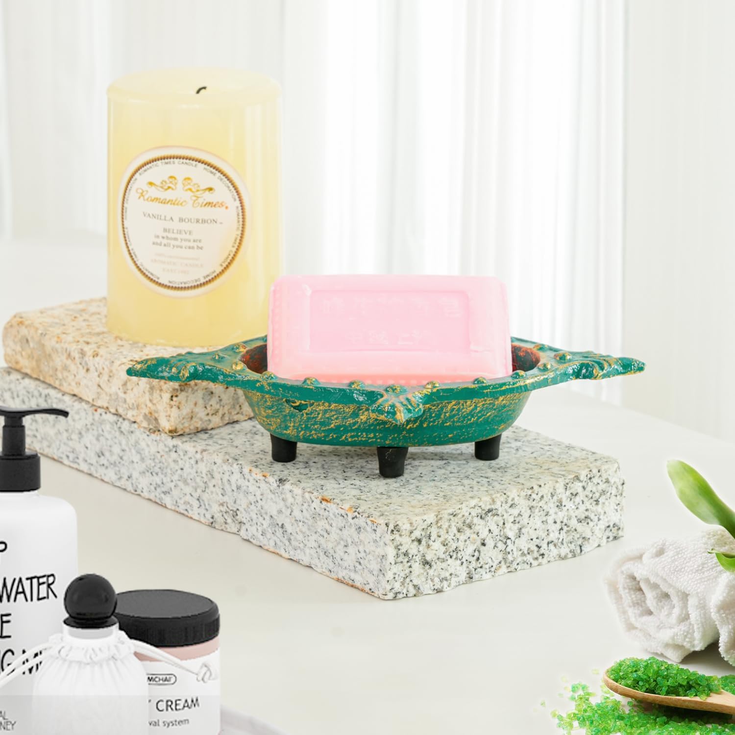 Sungmor Heavy Duty Cast Iron Soap Holder, Vintage Bar Soap Dish for Kitchen Bathroom Sink, Lovely Starfish Shape & Antique Green Sponge Dish Soap Tray, Decorative Jewelry Holder Tabletop Container