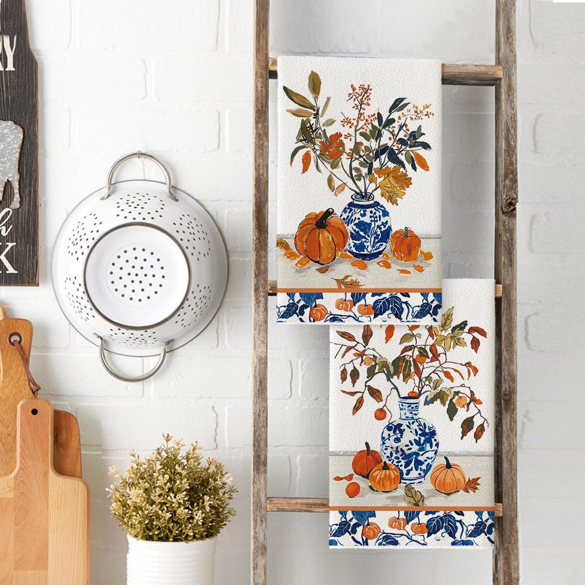 Artoid Mode Blue Vase Pumpkin Fall Kitchen Towels Dish Towels, 18x26 Inch Farmhouse Leaves Autumn Decoration Hand Towels Set of 2
