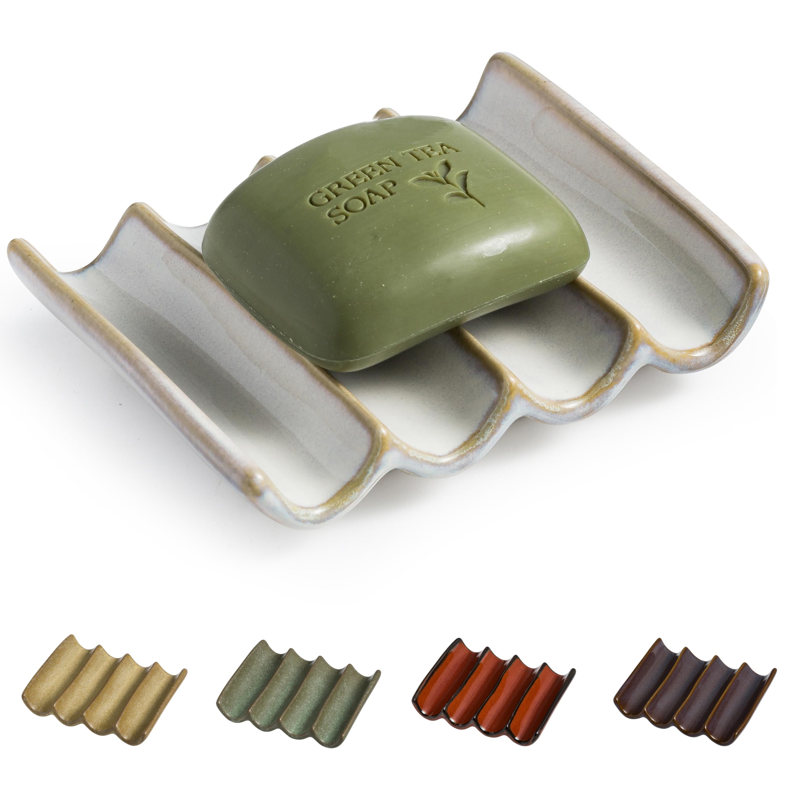 Draining Ceramic Soap Dish - Fluted Design, Bar Soap Holder for Shower & Bathroom, Soap Saver Sponge Lift, Green