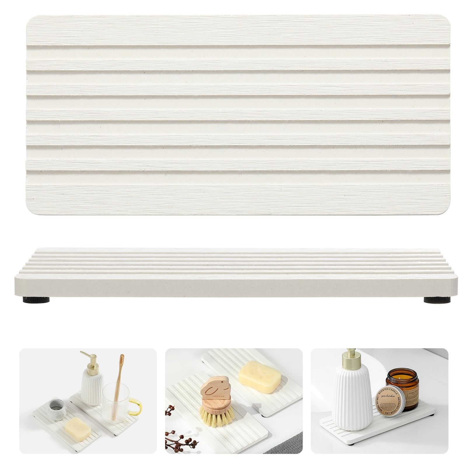 2 Pack Greige Bathroom Sink Vanity Trays, Diatomite Stone Kitchen Counter Caddy Dish Soap Dispenser Sponge Holder, Water Absorbing Mat Organizer for Plant,Cosmetic Bottle, Beige, 8"x3.8"
