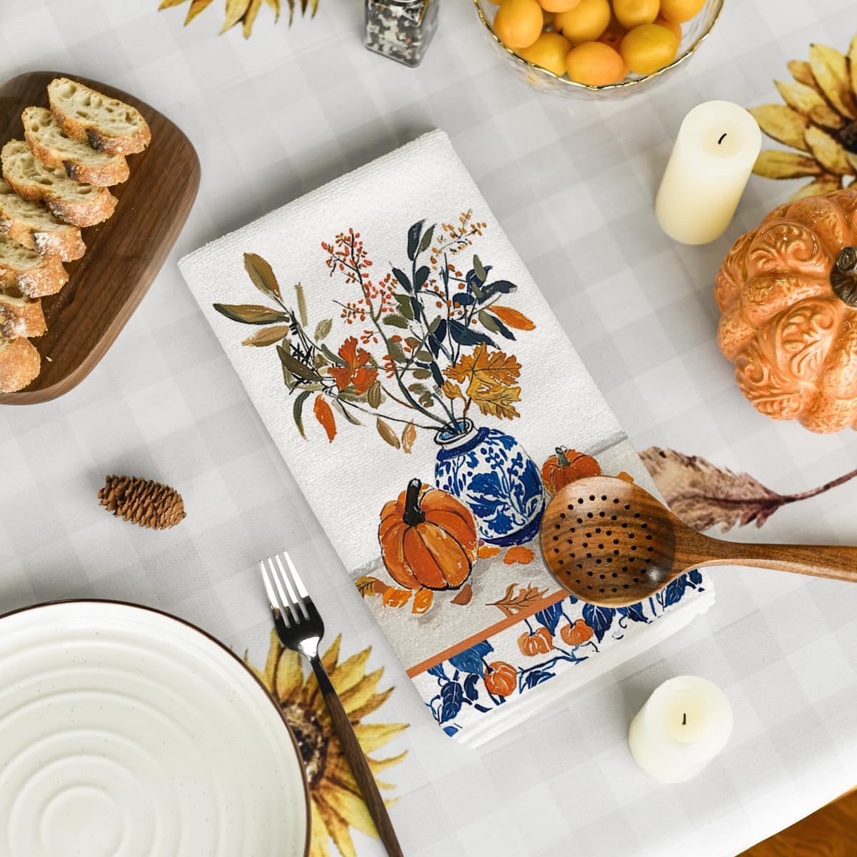 Artoid Mode Blue Vase Pumpkin Fall Kitchen Towels Dish Towels, 18x26 Inch Farmhouse Leaves Autumn Decoration Hand Towels Set of 2