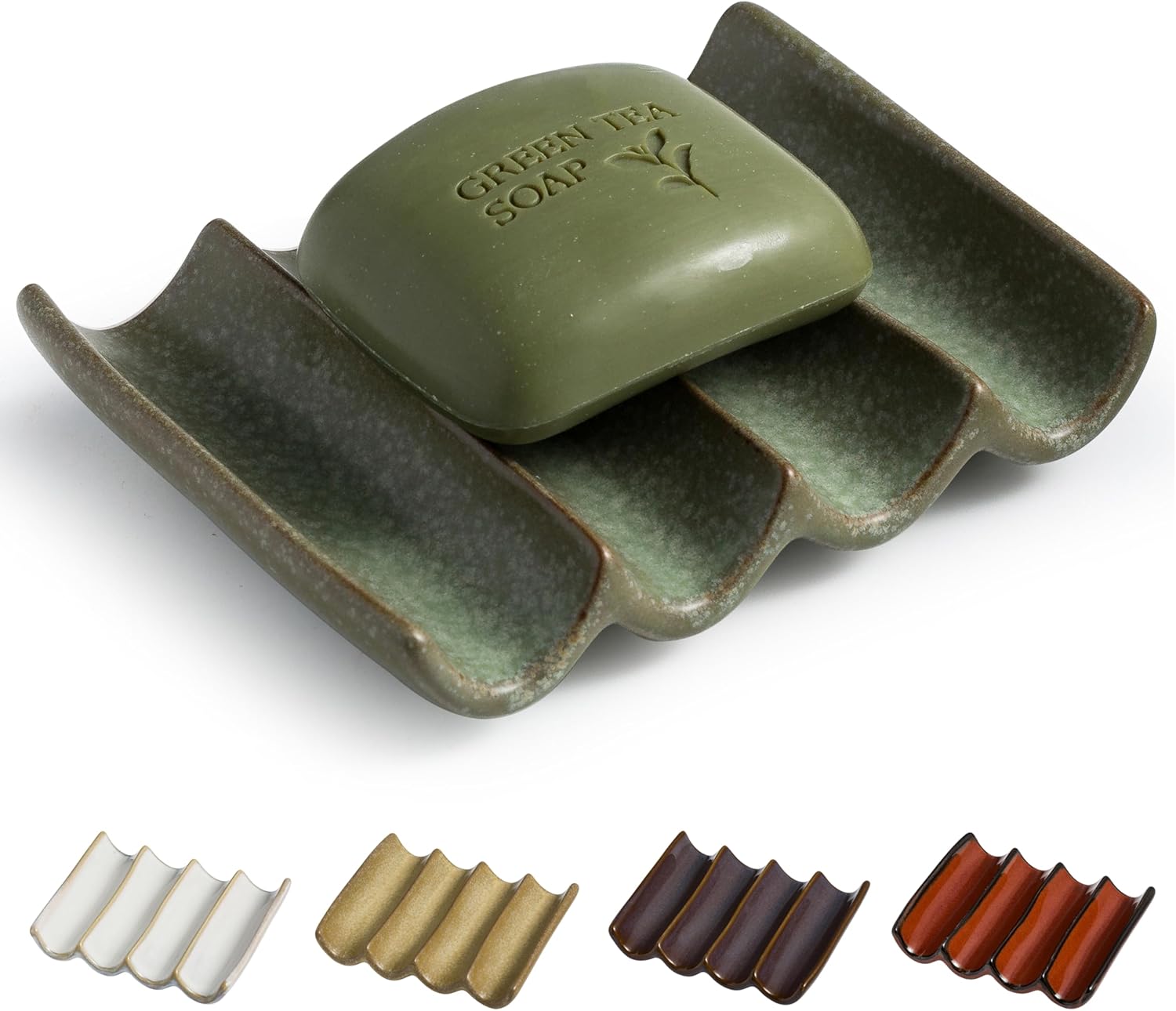 Draining Ceramic Soap Dish - Fluted Design, Bar Soap Holder for Shower & Bathroom, Soap Saver Sponge Lift, Green