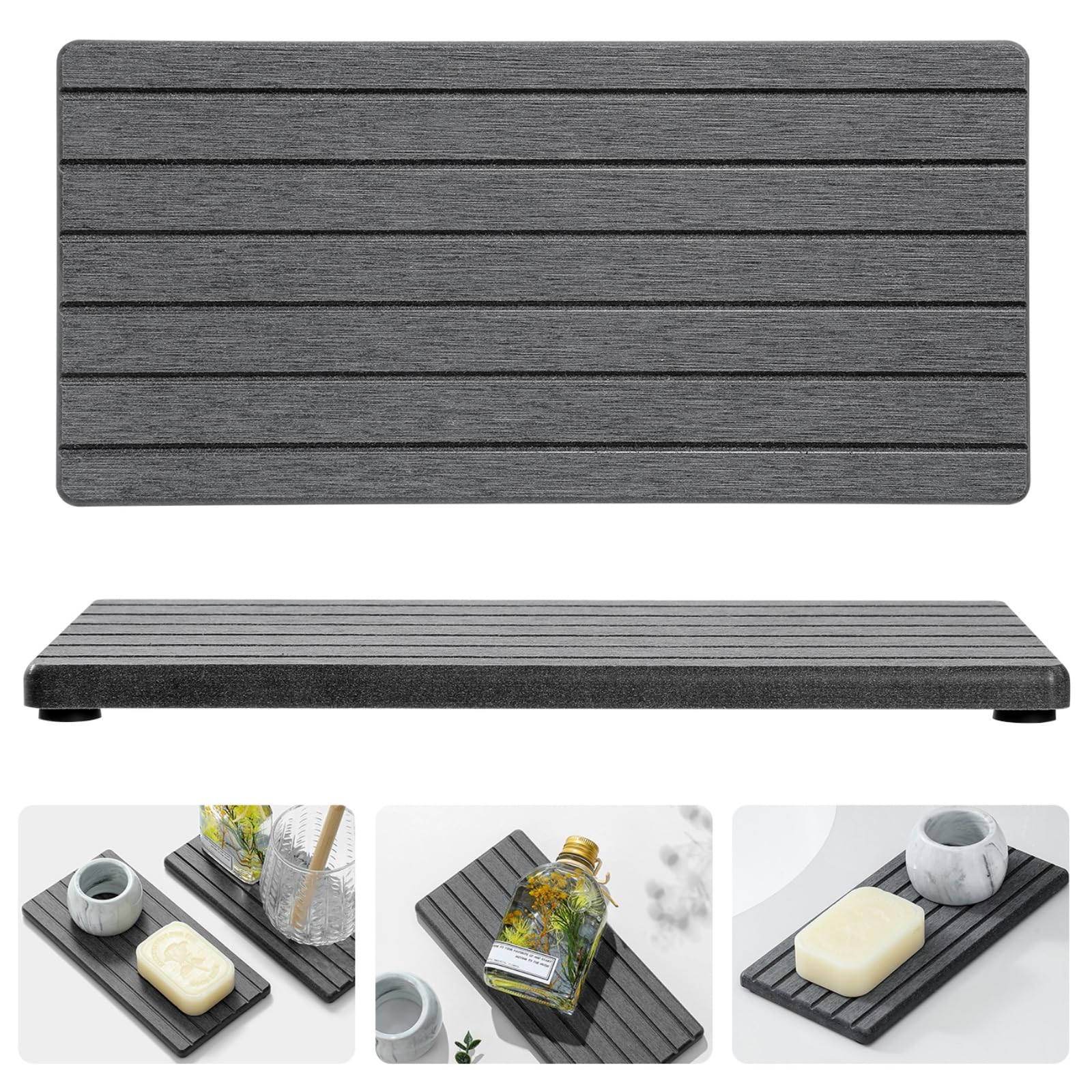 2 Pack Greige Bathroom Sink Vanity Trays, Diatomite Stone Kitchen Counter Caddy Dish Soap Dispenser Sponge Holder, Water Absorbing Mat Organizer for Plant,Cosmetic Bottle, Beige, 8"x3.8"