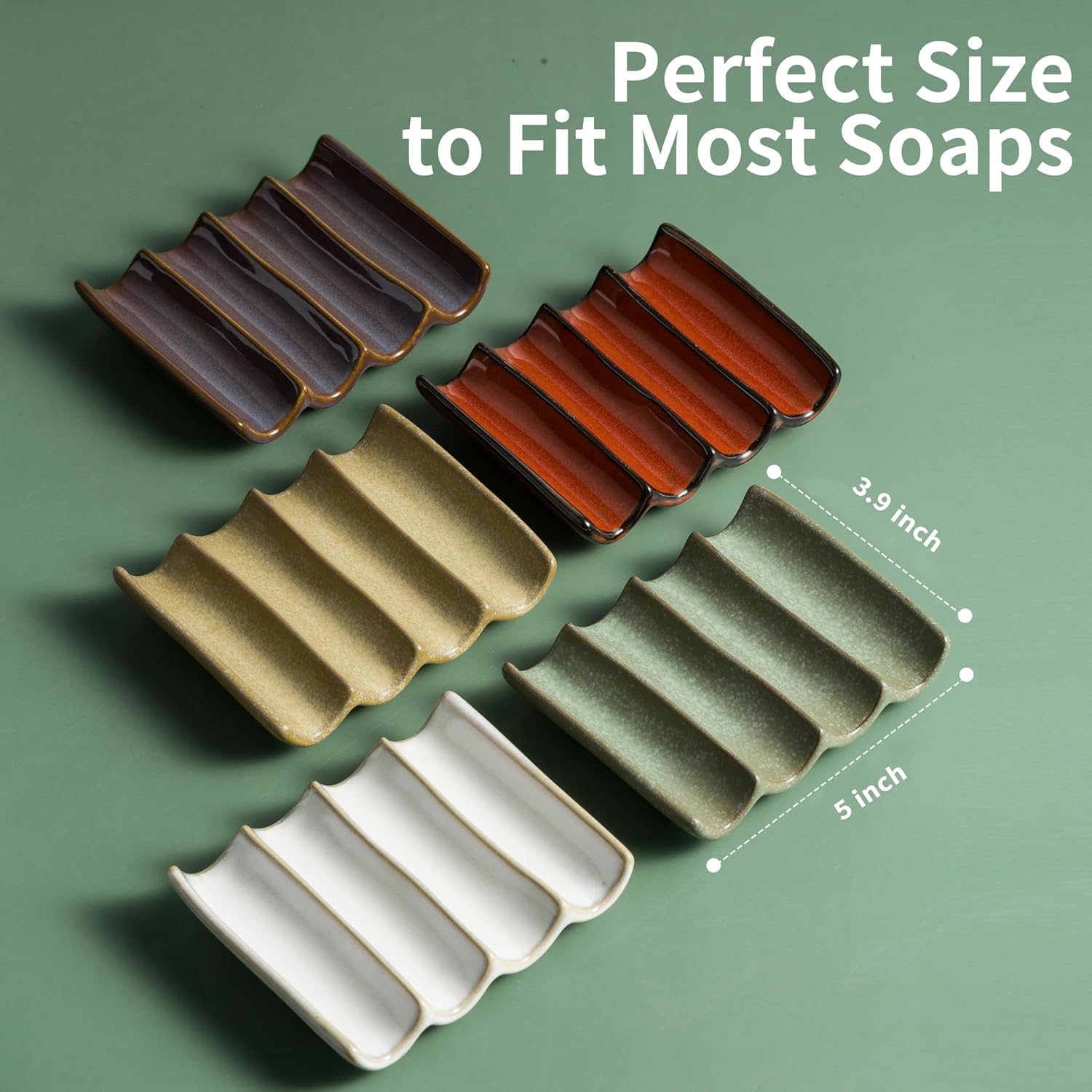 Draining Ceramic Soap Dish - Fluted Design, Bar Soap Holder for Shower & Bathroom, Soap Saver Sponge Lift, Green