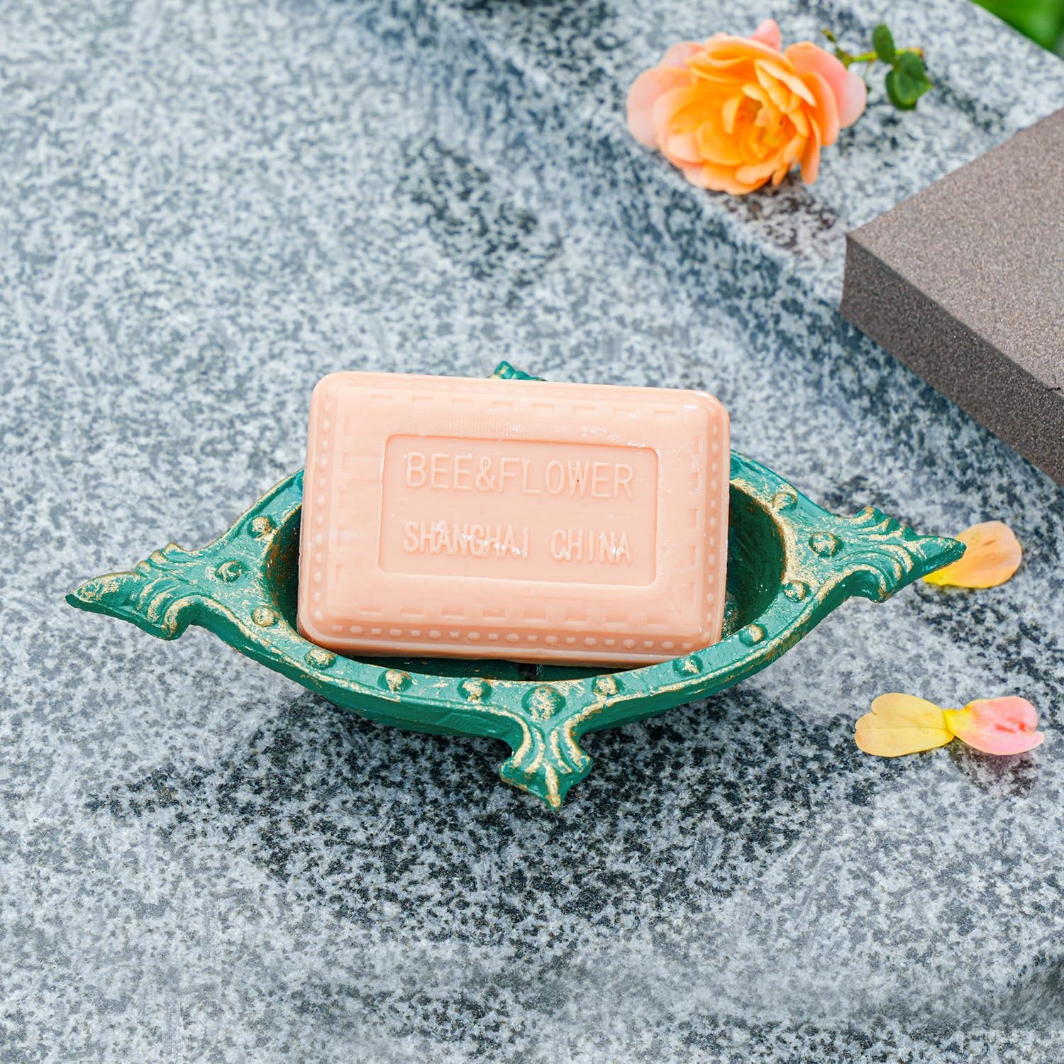 Sungmor Heavy Duty Cast Iron Soap Holder, Vintage Bar Soap Dish for Kitchen Bathroom Sink, Lovely Starfish Shape & Antique Green Sponge Dish Soap Tray, Decorative Jewelry Holder Tabletop Container