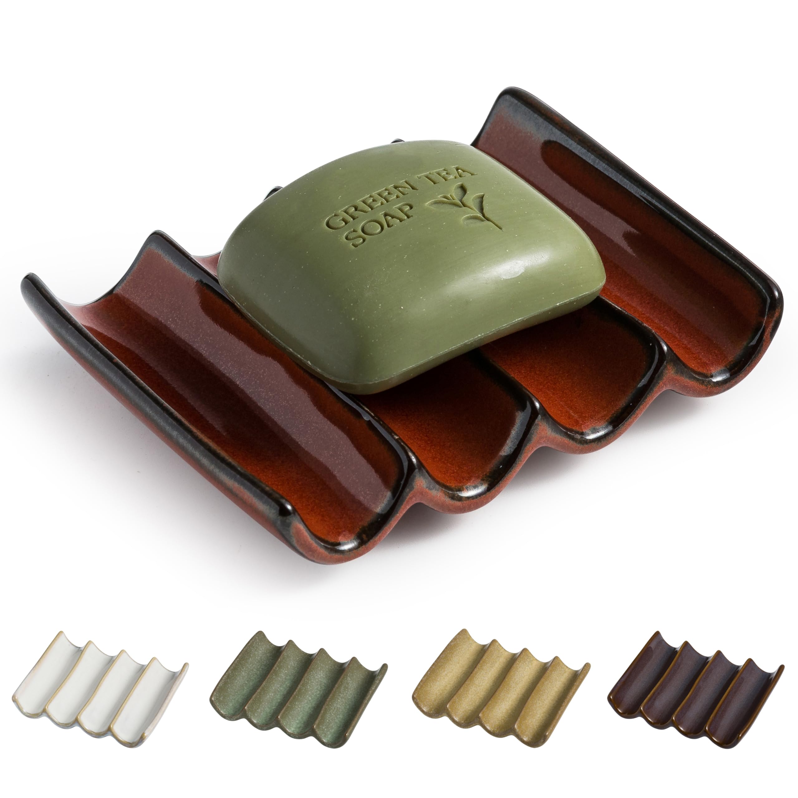 Draining Ceramic Soap Dish - Fluted Design, Bar Soap Holder for Shower & Bathroom, Soap Saver Sponge Lift, Green
