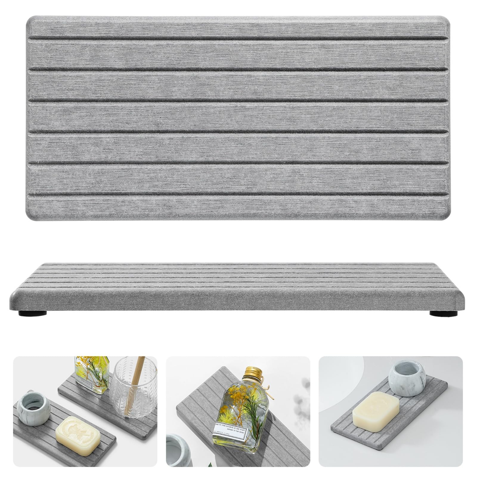 2 Pack Greige Bathroom Sink Vanity Trays, Diatomite Stone Kitchen Counter Caddy Dish Soap Dispenser Sponge Holder, Water Absorbing Mat Organizer for Plant,Cosmetic Bottle, Beige, 8"x3.8"