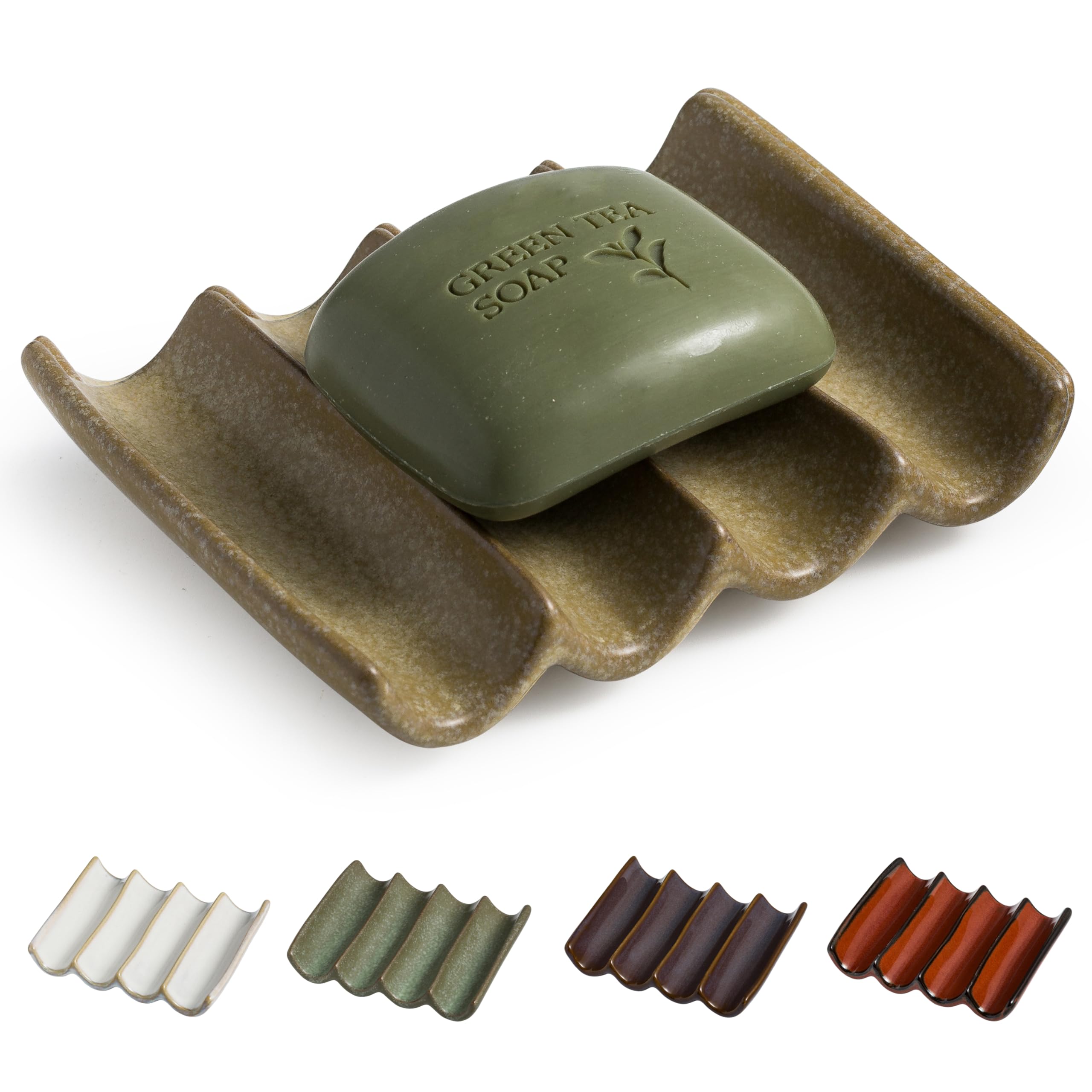 Draining Ceramic Soap Dish - Fluted Design, Bar Soap Holder for Shower & Bathroom, Soap Saver Sponge Lift, Green