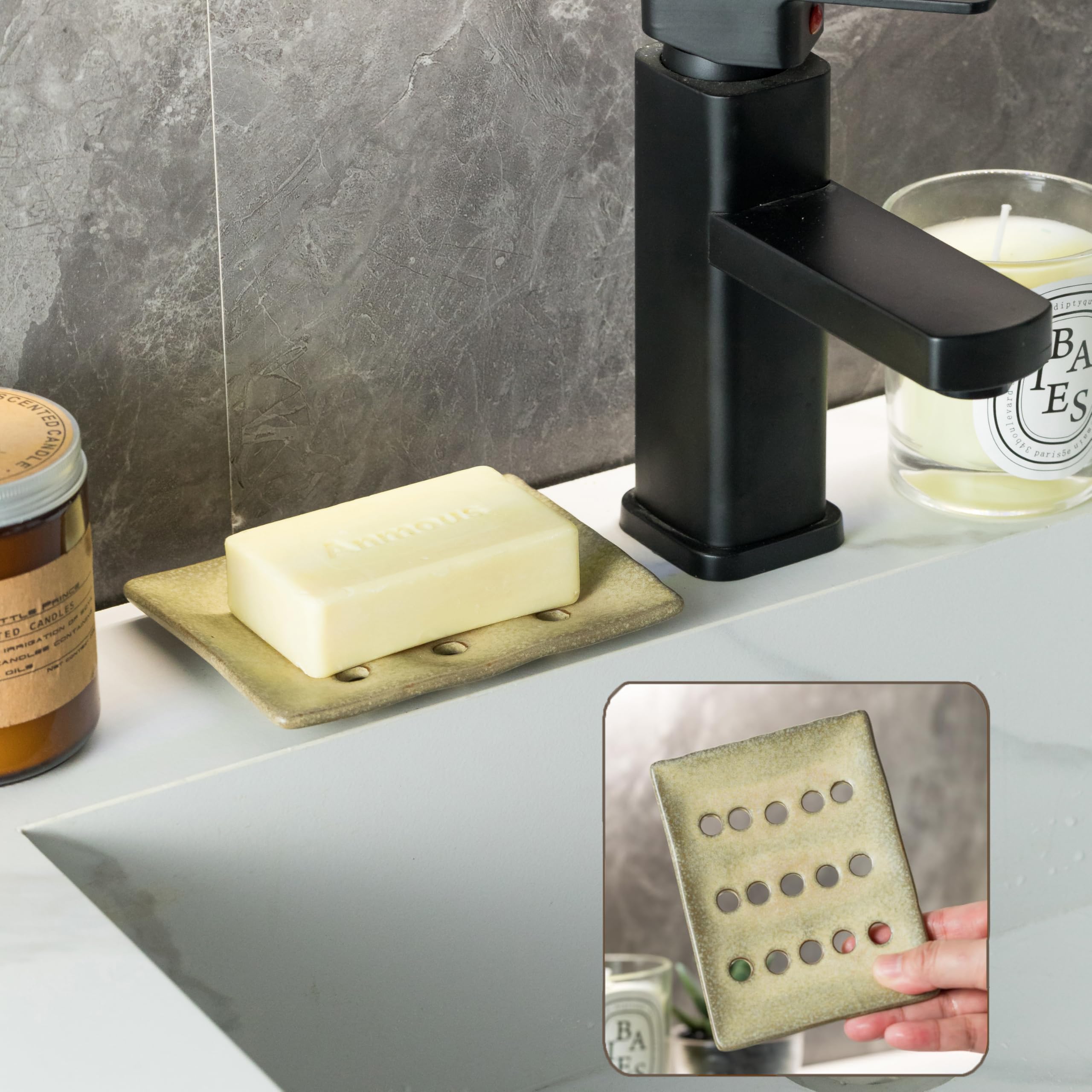 Draining Ceramic Soap Dish - Fluted Design, Bar Soap Holder for Shower & Bathroom, Soap Saver Sponge Lift, Green