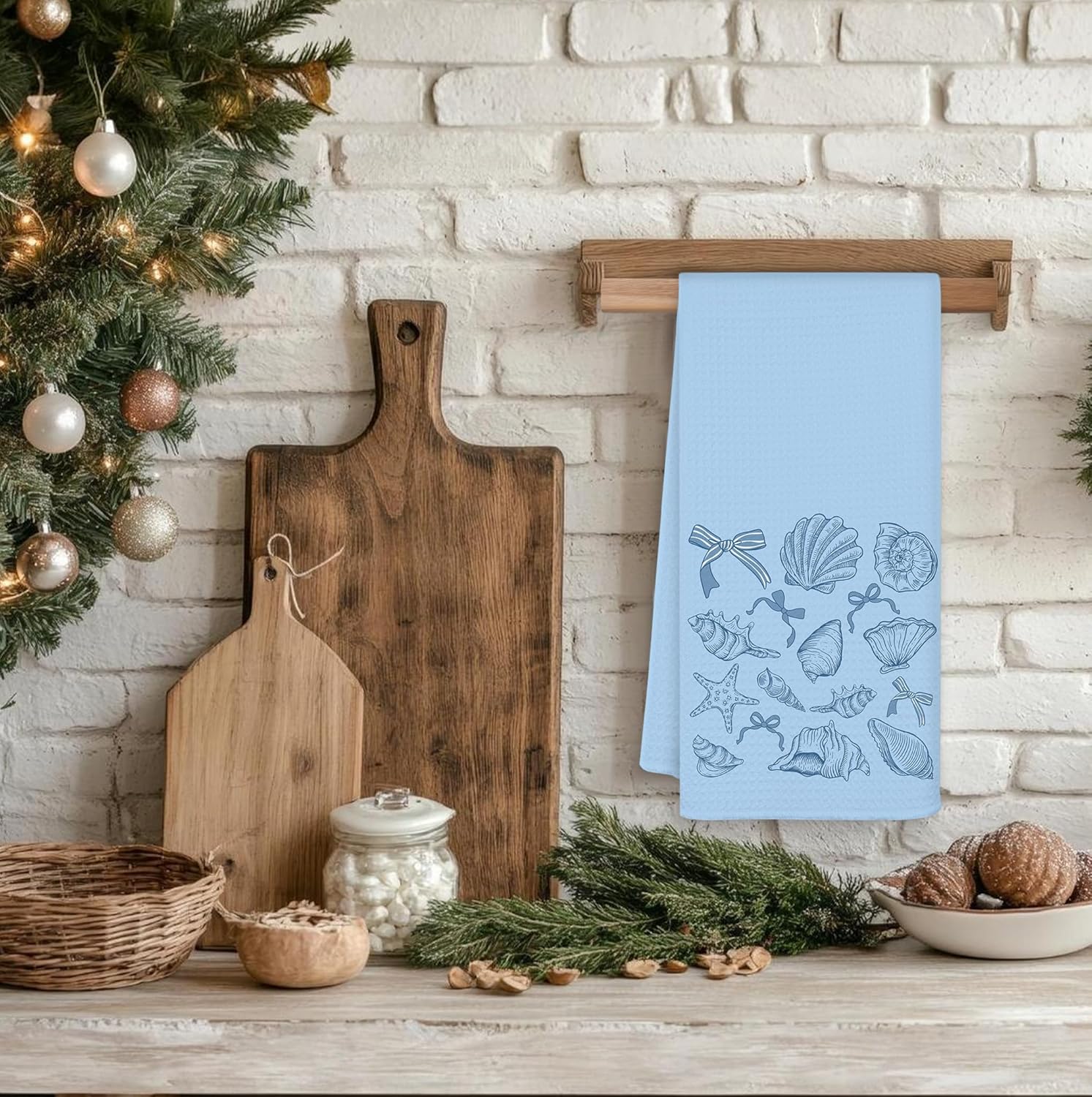 Coquette Blue Bow Beach Kitchen Towels, Coastal Nautical Dish Tea Towels for Kitchen Decor, Blue Preppy Seashell Starfish Beach Decorative Hand Towels for Bathroom, 16x24 Inch