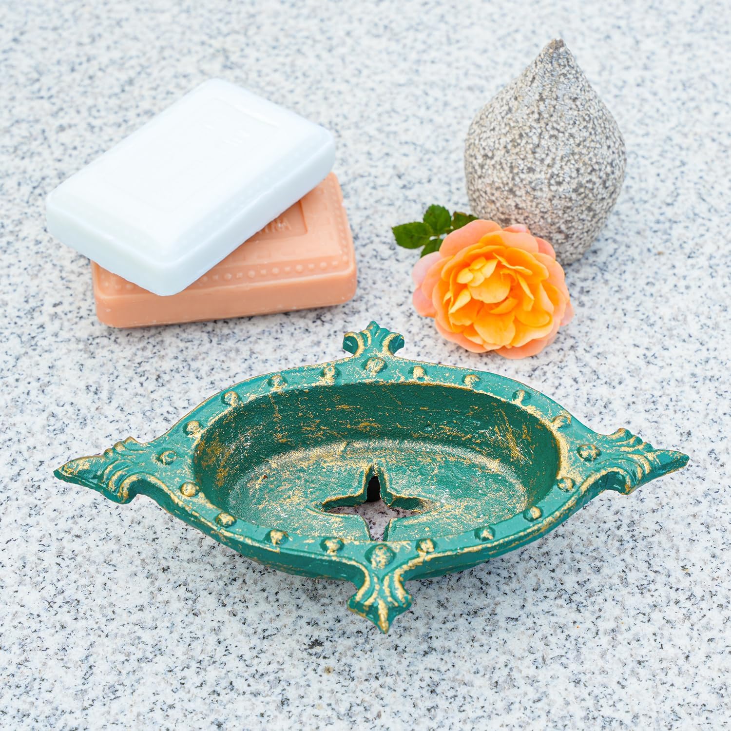 Sungmor Heavy Duty Cast Iron Soap Holder, Vintage Bar Soap Dish for Kitchen Bathroom Sink, Lovely Starfish Shape & Antique Green Sponge Dish Soap Tray, Decorative Jewelry Holder Tabletop Container